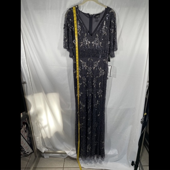 NWT Adrianna Papell Floral Beaded Mermaid‎ Capelet Gown in Gunmetal [SZ 2 ] - Picture 11 of 13